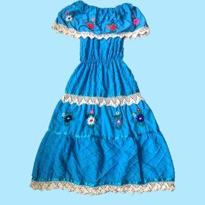 Vintage 1970s Blue Floral Embroidery Maxi Dress